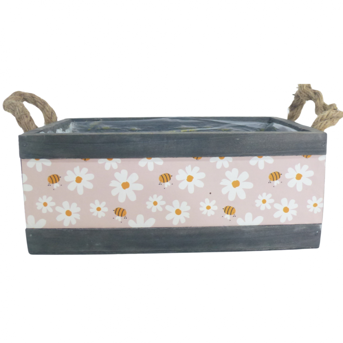 5313 Flower Print Pink & Black (1 pc) Wooden Crate Lined with Rope Handle