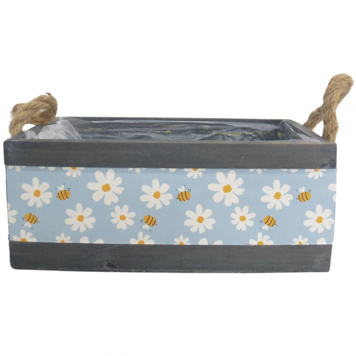 5314 Flower Print Blue & Black (24pcs) Lined with Rope Handle Wooden Crate