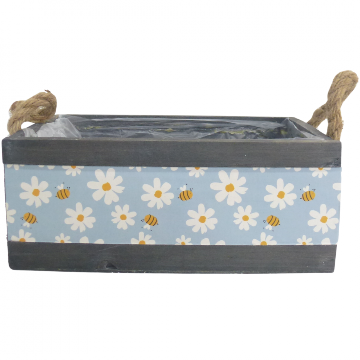 5314 Flower Print Blue & Black (1pc) Wooden Crate Lined with Rope Handle