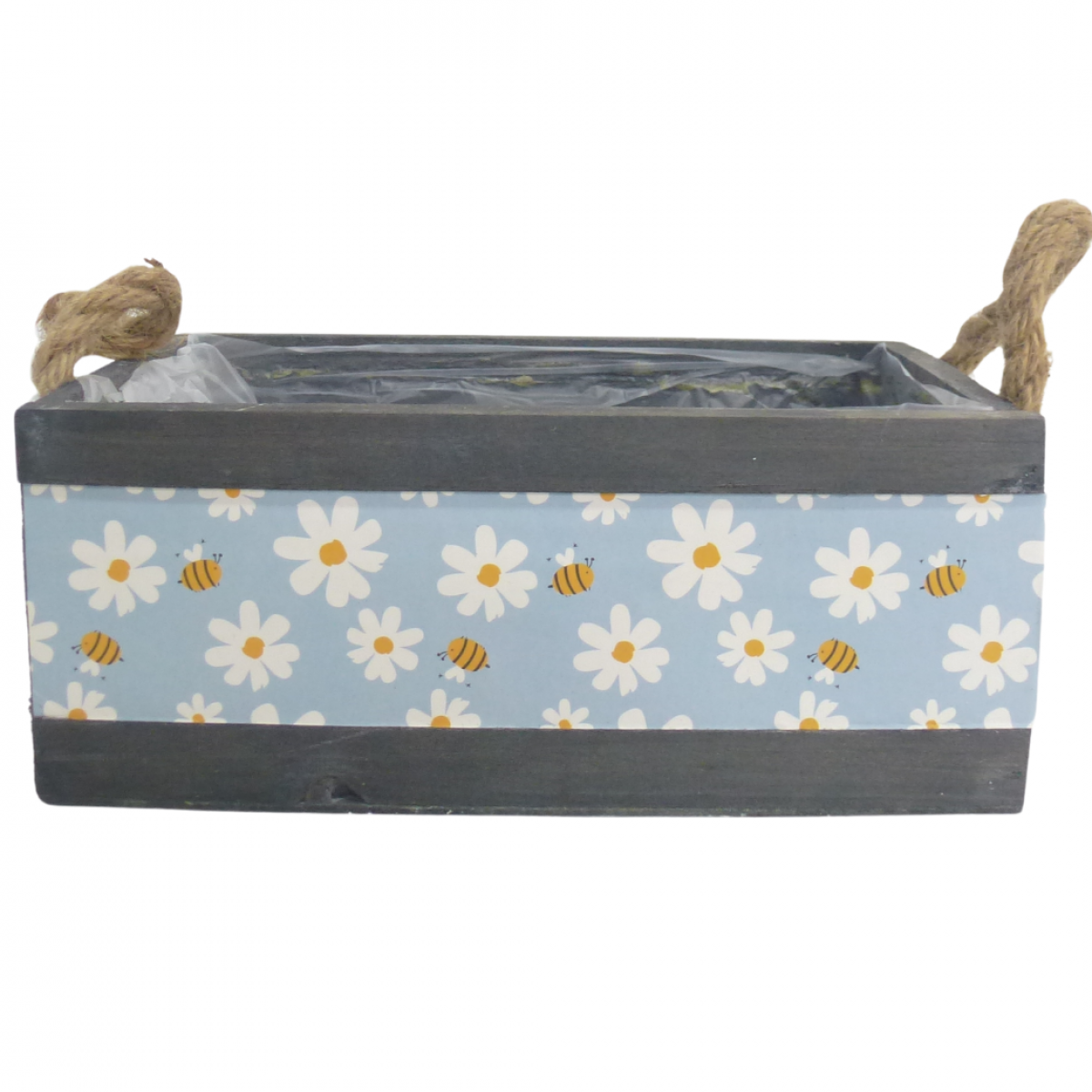 5314 Flower Print Blue & Black (8pcs) Lined with Rope Handle Wooden Crate