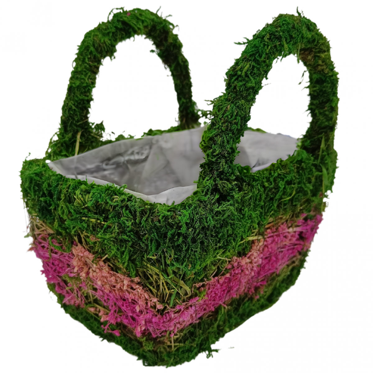 5524 Basket Pink & Green Lined (1 No) 23x15x23cm Moss with Handle