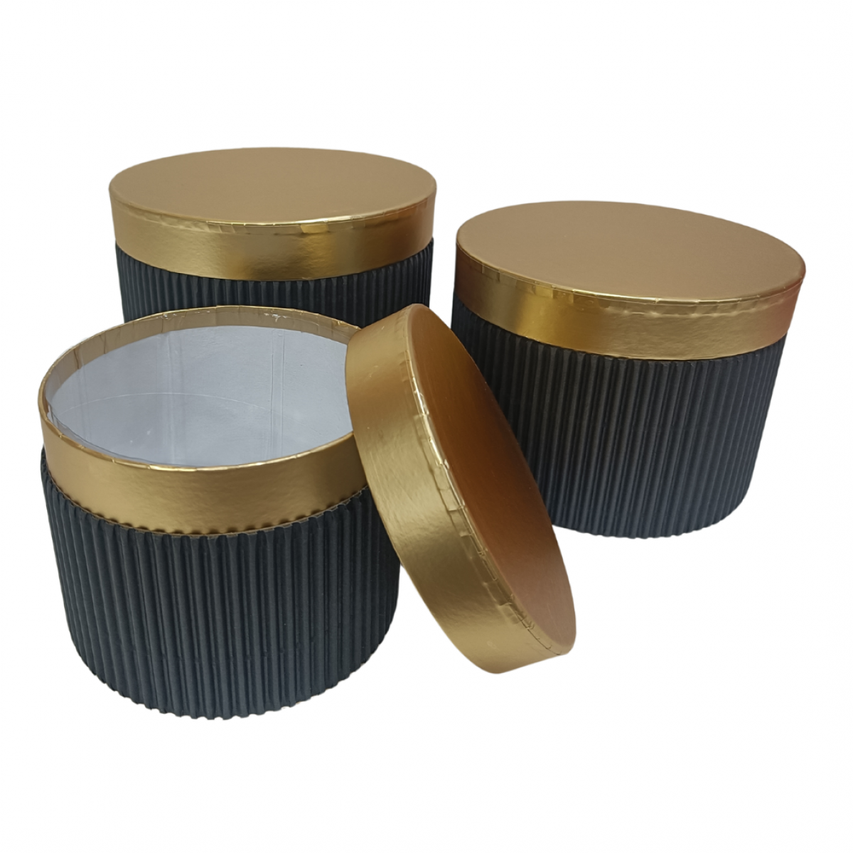 5602 Flute Design Black/Gold  Round Paper Gift Box Lined  - Set of 3